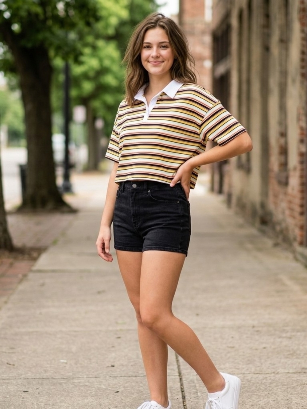 rue21 Striped Polo Crop Top in Yellow, Black & White with Pastel Stripes XL